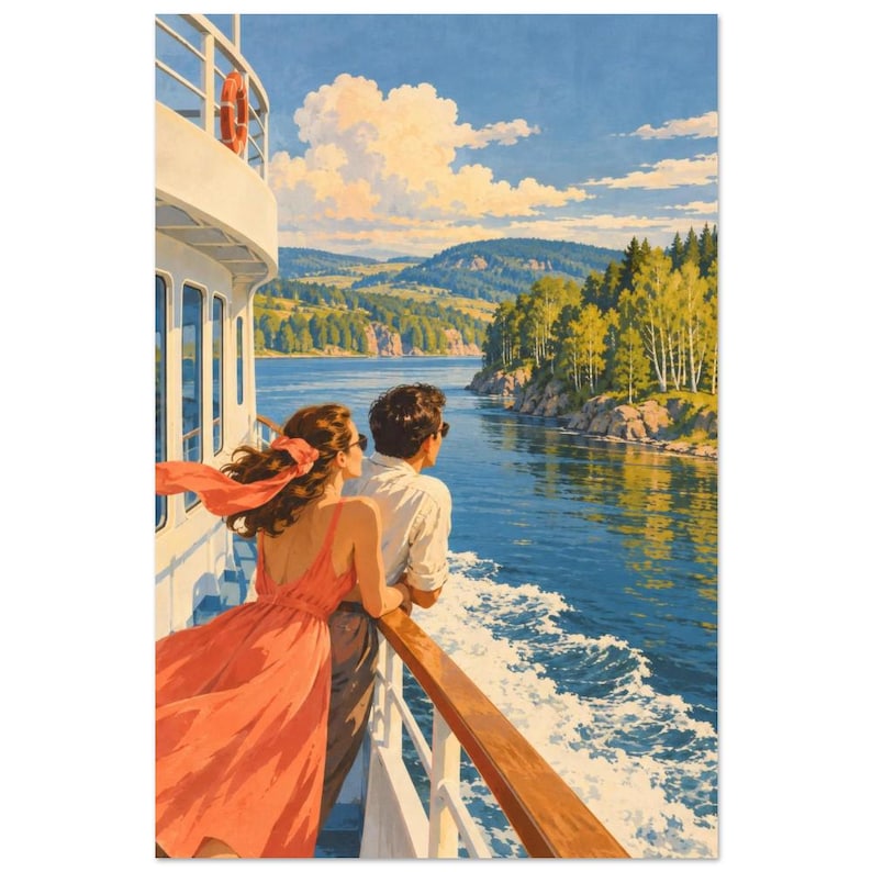 River Ferry Art Print, Retro Riverside Travel Poster image 2