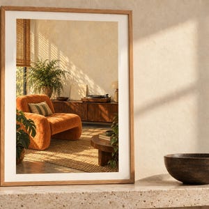 May include: A rectangular wall mirror with a light-toned wooden frame. The mirror reflects a room interior featuring an orange armchair, a wooden sideboard, a round coffee table, and a potted plant, all illuminated by warm sunlight.