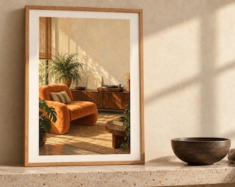 May include: A rectangular wall mirror with a light-toned wooden frame. The mirror reflects a room interior featuring an orange armchair, a wooden sideboard, a round coffee table, and a potted plant, all illuminated by warm sunlight.