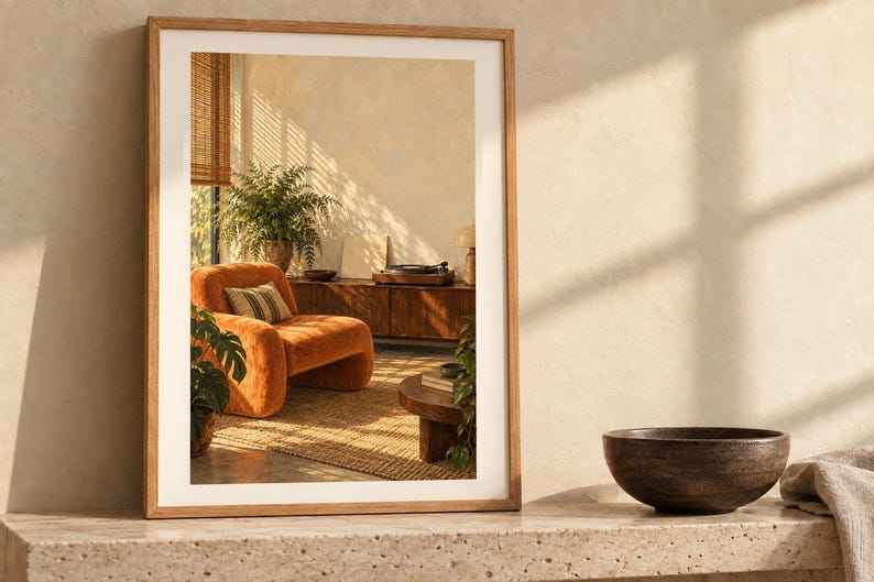 May include: A rectangular wall mirror with a light-toned wooden frame. The mirror reflects a room interior featuring an orange armchair, a wooden sideboard, a round coffee table, and a potted plant, all illuminated by warm sunlight.