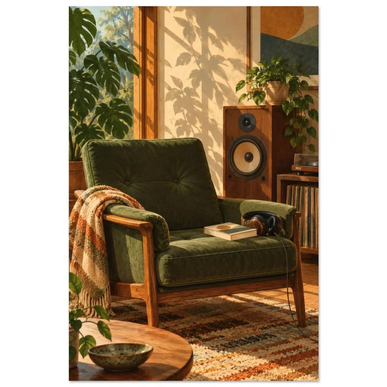 Green Reading Chair Art Print, 1970s Music Culture Scene (Unframed Print) 40 × 60 cm / 16 × 24 in
