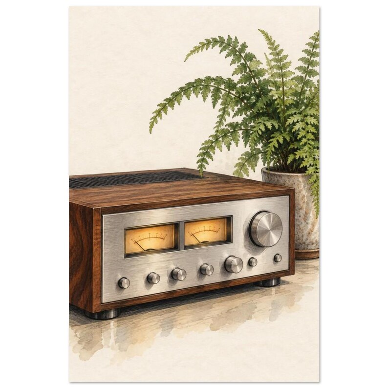 Silver Hi-Fi Receiver Art Print, Silver and Walnut image 3