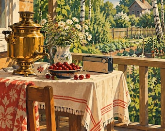 May include: A brass samovar, a white pitcher with daisies, a bowl of red cherries, and a portable radio sit on a table covered with a white and red striped tablecloth. A tabby cat sleeps on the wooden floorboards of a sunlit porch.