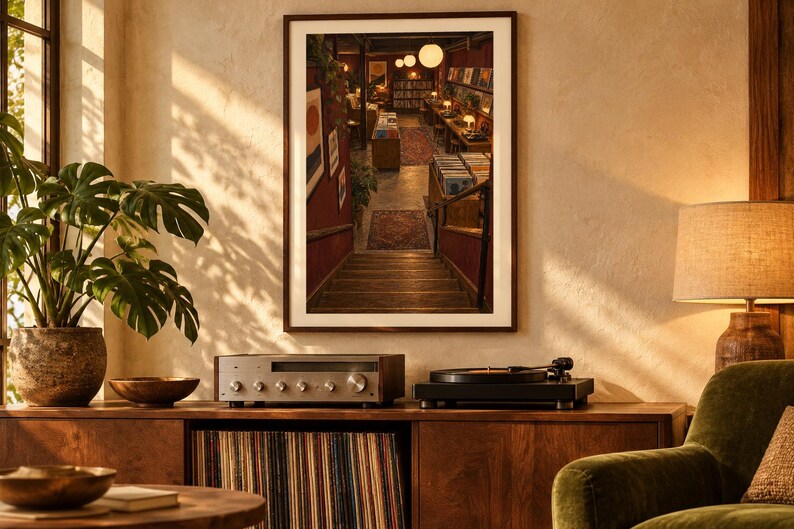 May include: A framed wall print depicting a staircase leading down into a dimly lit record store with rows of vinyl albums, warm pendant lighting, and patterned rugs on the floor, displayed above a wooden media console with audio equipment.