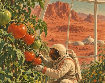 May include: An astronaut in a white and orange space suit tends to tomato plants inside a glass dome greenhouse. The plants feature green and red tomatoes. Outside the dome, a red rocky landscape and a distant moon are visible.