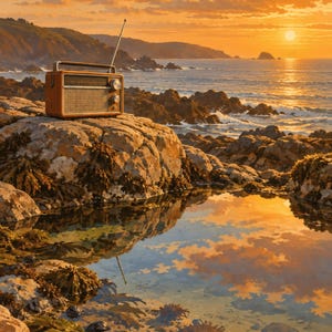 Puede incluir: Una radio rectangular de madera con rejilla de altavoz de metal plateado, dos perillas de control circulares y una antena delgada extendida hacia arriba, sobre una superficie rocosa costera al atardecer.