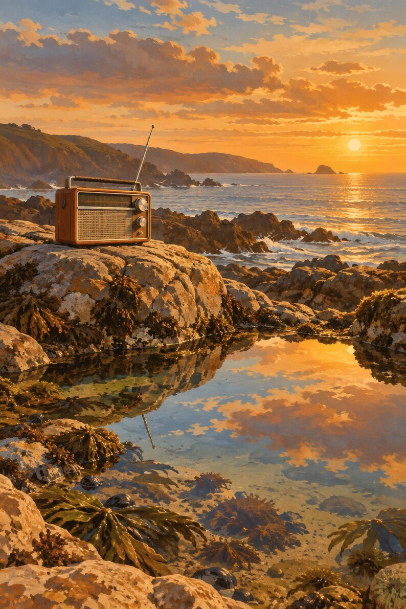Puede incluir: Una radio rectangular de madera con rejilla de altavoz de metal plateado, dos perillas de control circulares y una antena delgada extendida hacia arriba, sobre una superficie rocosa costera al atardecer.