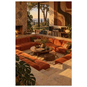 1970s Sunken Lounge Art Print, Terracotta Upholstery, Hi-Fi System (Unframed) image 2