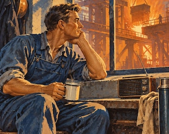 May include: A worker in blue denim overalls sits on a wooden stool, holding a white mug. On the ledge sits a brown radio with an antenna and a metal thermos. Through the window, a bright orange industrial foundry scene is visible.