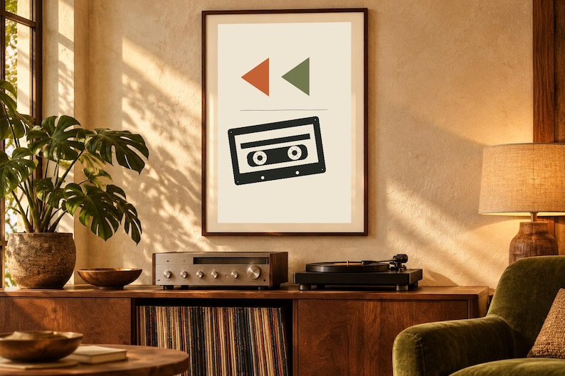 May include: A framed wall art print featuring a black cassette tape graphic centered below a small orange triangle and a green triangle on a cream background. The print is displayed in a dark brown frame hanging on a textured wall.