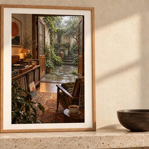 Puede incluir: Una l&aacute;mina de arte enmarcada que muestra una escena interior con un tocadiscos, una alfombra estampada y una puerta abierta que conduce a un exuberante patio ajardinado de piedra con vegetaci&oacute;n y escalones de piedra.