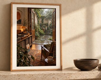 May include: A framed wall art print featuring an interior scene with a record player, a patterned rug, and an open doorway leading to a lush, stone-paved garden courtyard with greenery and stone steps under a soft, natural light.
