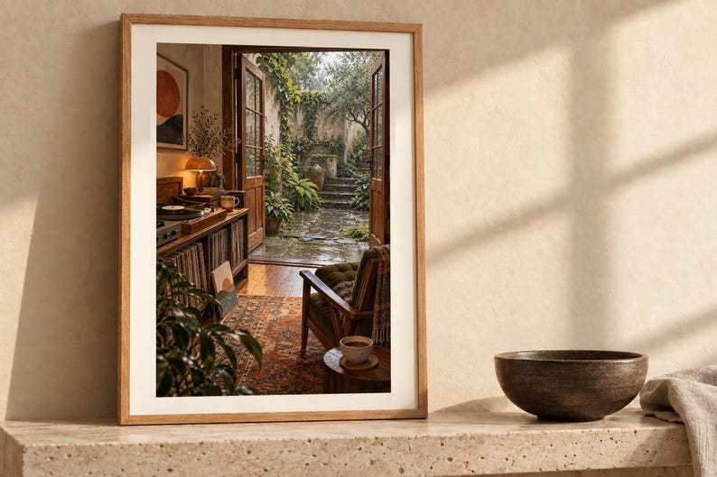 Puede incluir: Una l&aacute;mina de arte enmarcada que muestra una escena interior con un tocadiscos, una alfombra estampada y una puerta abierta que conduce a un exuberante patio ajardinado de piedra con vegetaci&oacute;n y escalones de piedra.