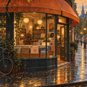May include: A corner storefront with a large orange awning and glass windows displaying rows of vinyl records in wooden crates. A bicycle is parked near the entrance on a wet, leaf-strewn sidewalk during a sunset with a church spire visible.