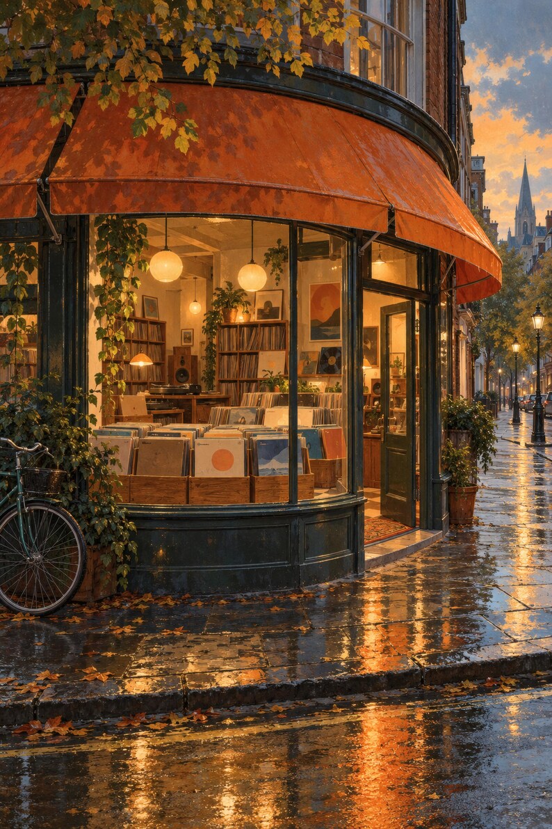 May include: A corner storefront with a large orange awning and glass windows displaying rows of vinyl records in wooden crates. A bicycle is parked near the entrance on a wet, leaf-strewn sidewalk during a sunset with a church spire visible.