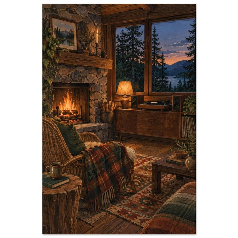 Cosy Cabin Listening Room Art Print, Dusk at the Cabin image 2
