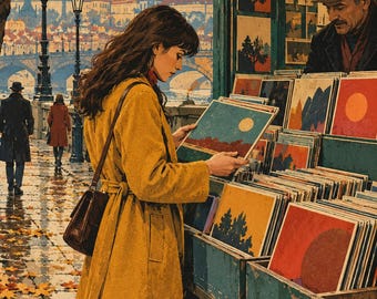 May include: A person in a mustard yellow trench coat examines a square art print featuring a moonlit landscape at an outdoor stall. The stall displays numerous colorful prints, while a city skyline with a bridge is visible in the background.