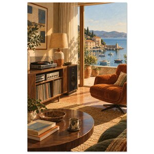 Harbour View Listening Room Art Print, 1970s Coastal Interior Scene (Unframed Print) image 3
