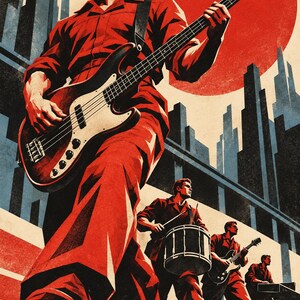 May include: A propaganda-style poster illustration featuring a band of four musicians in red jumpsuits. The foreground musician plays a bass guitar, followed by a drummer, a guitarist, and a keyboardist, all set against a backdrop of a large red sun and a city skyline.