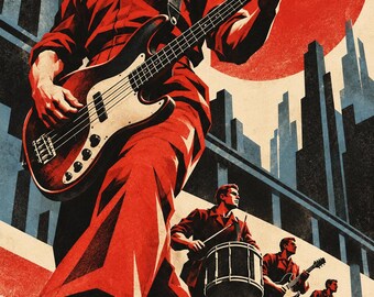 Puede incluir: Una ilustración estilo póster de propaganda que muestra a una banda de cuatro músicos con monos rojos. El músico en primer plano toca el bajo, seguido de un baterista, un guitarrista y un tecladista, frente a un gran sol rojo y un horizonte urbano.