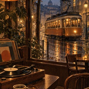May include: A wooden record player sits on a table next to a cup of coffee, with a view through a large window of a yellow tram moving along a wet city street at dusk, reflecting warm lights on the pavement and surrounding buildings.