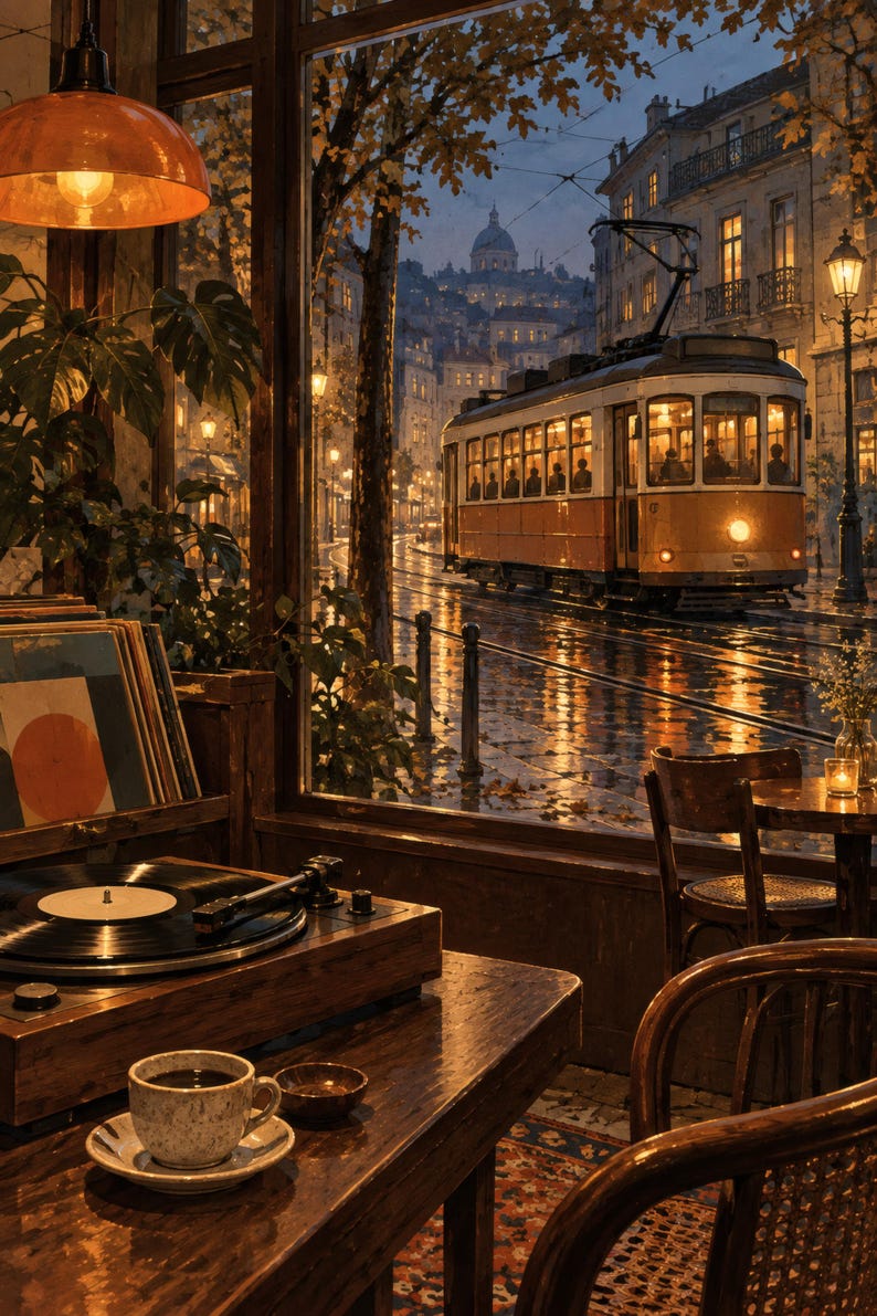 May include: A wooden record player sits on a table next to a cup of coffee, with a view through a large window of a yellow tram moving along a wet city street at dusk, reflecting warm lights on the pavement and surrounding buildings.
