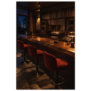 Jazz Listening Bar Art Print, Amber & Indigo Interior - After Hours 30 × 45 cm / 12 × 18 in