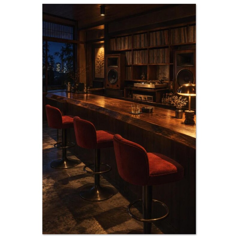 Jazz Listening Bar Art Print, Amber & Indigo Interior - After Hours 30 × 45 cm / 12 × 18 in