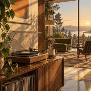 Puede incluir: Un tocadiscos de madera con cubierta transparente se encuentra sobre un mueble lleno de discos de vinilo. Una taza de cerámica con líquido humeante descansa sobre la superficie junto al tocadiscos, iluminada por la luz dorada.
