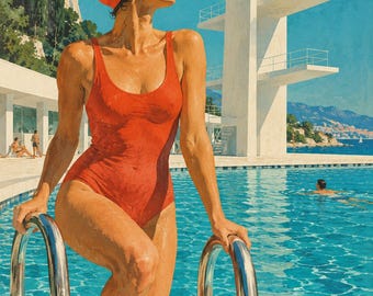 May include: A painting of a person wearing a bright red one-piece swimsuit and a matching red swim cap, standing at the edge of a swimming pool with a tall white diving platform in the background and blue water in the foreground.