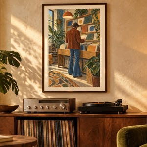 May include: A framed wall art print depicting a person in a brown corduroy jacket and blue bell-bottom jeans browsing through vinyl records in a shop filled with potted plants, warm lighting, and shelves stocked with various record albums.