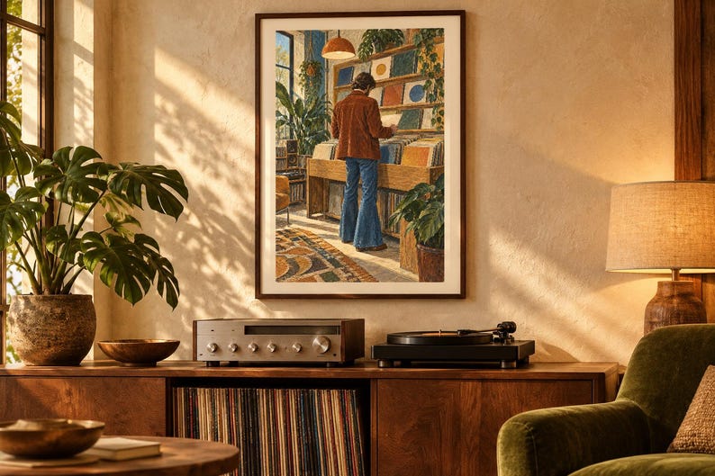May include: A framed wall art print depicting a person in a brown corduroy jacket and blue bell-bottom jeans browsing through vinyl records in a shop filled with potted plants, warm lighting, and shelves stocked with various record albums.