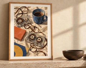 May include: A framed wall art print featuring two clear plastic cassette tapes with unspooled brown magnetic tape, a blue ceramic mug filled with dark coffee, a solid orange rectangular box, and a blue and yellow square object on a white fabric.