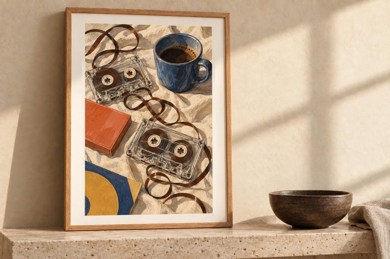 May include: A framed wall art print featuring two clear plastic cassette tapes with unspooled brown magnetic tape, a blue ceramic mug filled with dark coffee, a solid orange rectangular box, and a blue and yellow square object on a white fabric.
