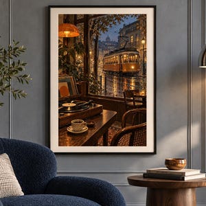 May include: A framed wall art print depicting a cozy indoor scene with a record player and a cup of coffee on a wooden table, overlooking a rainy city street at dusk with a yellow tram passing by outside a large window with warm lighting.