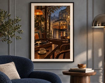 May include: A framed wall art print depicting a cozy indoor scene with a record player and a cup of coffee on a wooden table, overlooking a rainy city street at dusk with a yellow tram passing by outside a large window with warm lighting.