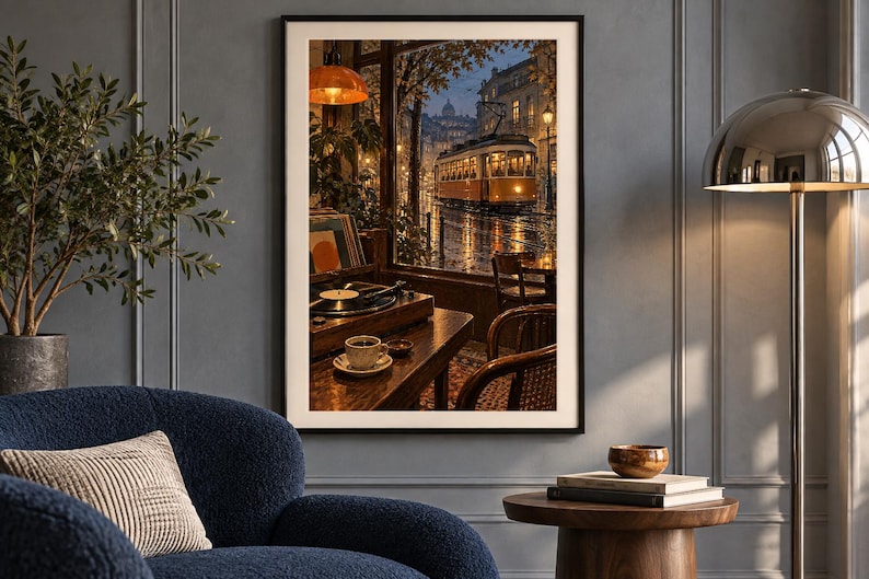 May include: A framed wall art print depicting a cozy indoor scene with a record player and a cup of coffee on a wooden table, overlooking a rainy city street at dusk with a yellow tram passing by outside a large window with warm lighting.