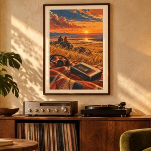 May include: A framed wall art print depicting a sunset landscape with two figures sitting on a hill, a plaid blanket, headphones, and a cassette player in the foreground. The artwork features warm orange, yellow, and blue tones with a detailed horizon.