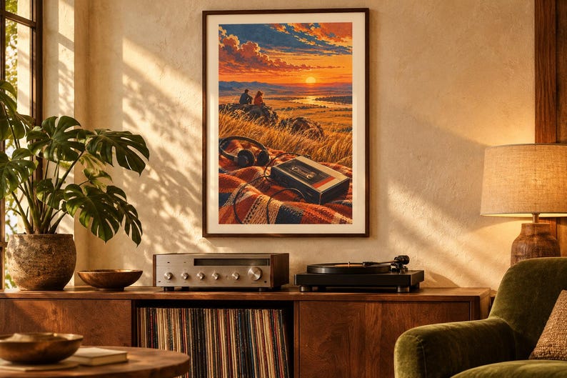 May include: A framed wall art print depicting a sunset landscape with two figures sitting on a hill, a plaid blanket, headphones, and a cassette player in the foreground. The artwork features warm orange, yellow, and blue tones with a detailed horizon.