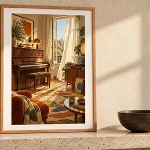 May include: A framed wall art print featuring an interior scene with a wooden piano, a rust-colored armchair, a patterned rug, and an open window with sheer white curtains. The artwork is displayed in a light wood frame on a stone surface.