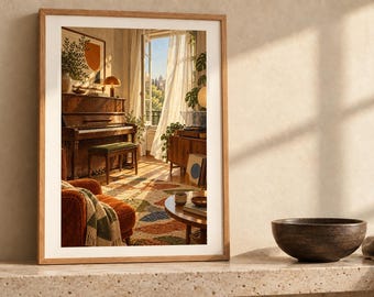 May include: A framed wall art print featuring an interior scene with a wooden piano, a rust-colored armchair, a patterned rug, and an open window with sheer white curtains. The artwork is displayed in a light wood frame on a stone surface.