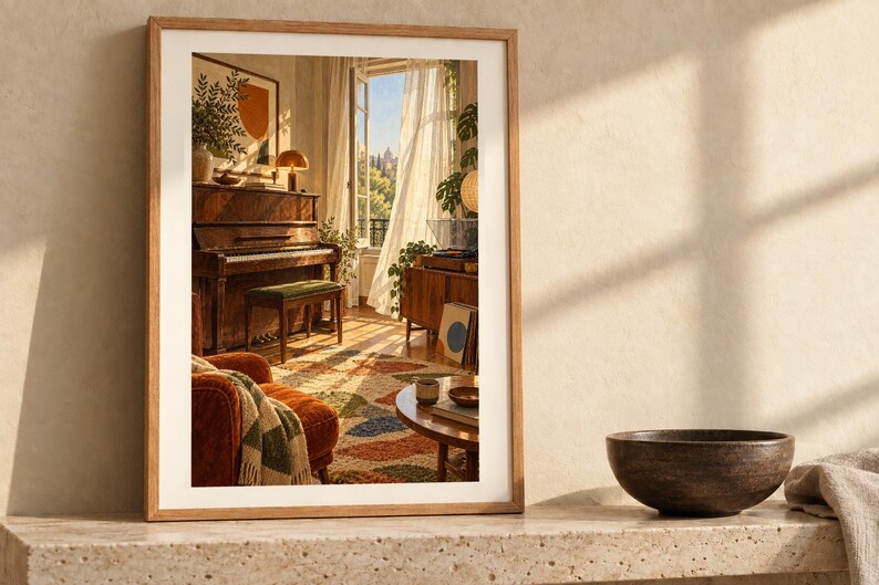 May include: A framed wall art print featuring an interior scene with a wooden piano, a rust-colored armchair, a patterned rug, and an open window with sheer white curtains. The artwork is displayed in a light wood frame on a stone surface.