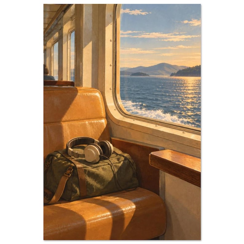 Lámina artística con imagen de la ventana de un ferry junto al mar, escena de la cultura musical de los años 70 (lámina sin marco). imagen 2