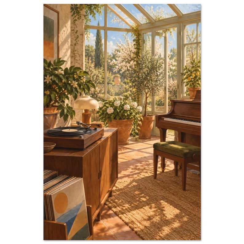 Sunlit Conservatory Record Player Art Print, 1970s Music Culture Scene (Unframed Print) imagem 2