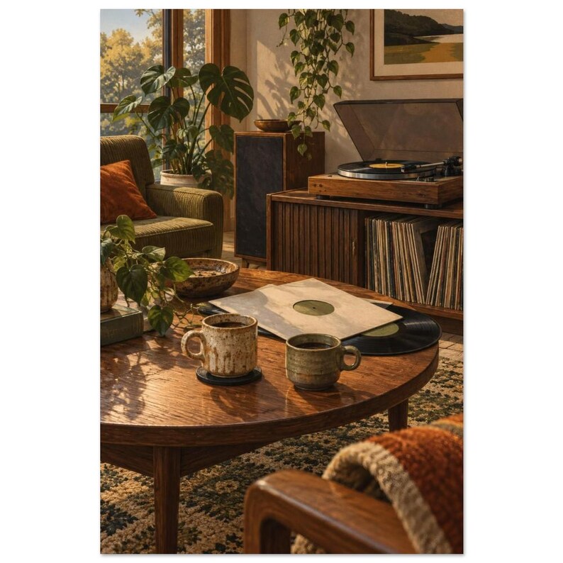 Coffee and Vinyl Record Art Print, Two Cups One Record image 2