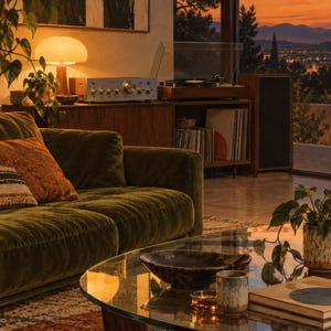 May include: A living room featuring a dark green velvet sofa, a glass-topped coffee table with a ceramic bowl and mug, and a wooden media console holding a turntable, amplifier, and vinyl records, illuminated by a warm table lamp at sunset.