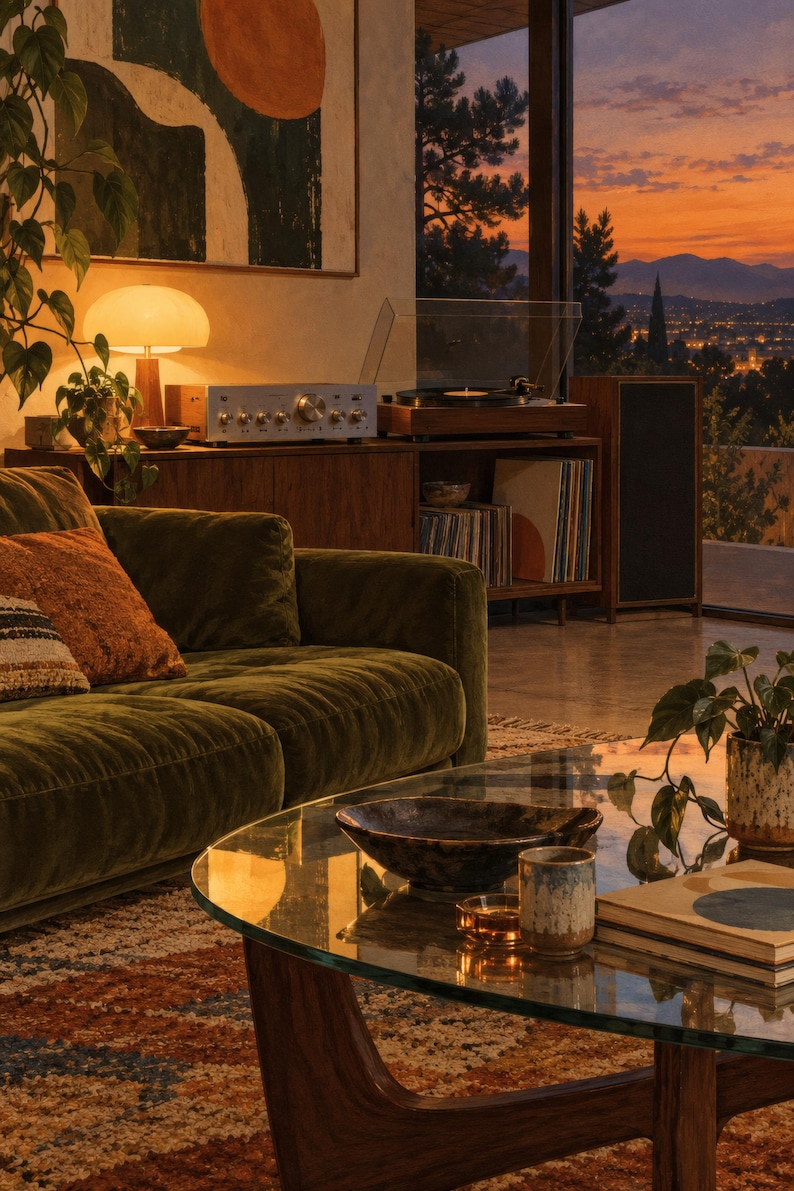 May include: A living room featuring a dark green velvet sofa, a glass-topped coffee table with a ceramic bowl and mug, and a wooden media console holding a turntable, amplifier, and vinyl records, illuminated by a warm table lamp at sunset.