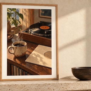 May include: A framed wall art print featuring a wooden record player, a steaming ceramic mug of coffee, and a vinyl record sleeve resting on a dark wood surface near a window with sunlight casting shadows of leaves across the scene.