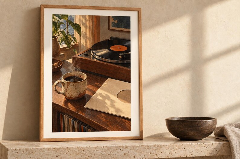 May include: A framed wall art print featuring a wooden record player, a steaming ceramic mug of coffee, and a vinyl record sleeve resting on a dark wood surface near a window with sunlight casting shadows of leaves across the scene.