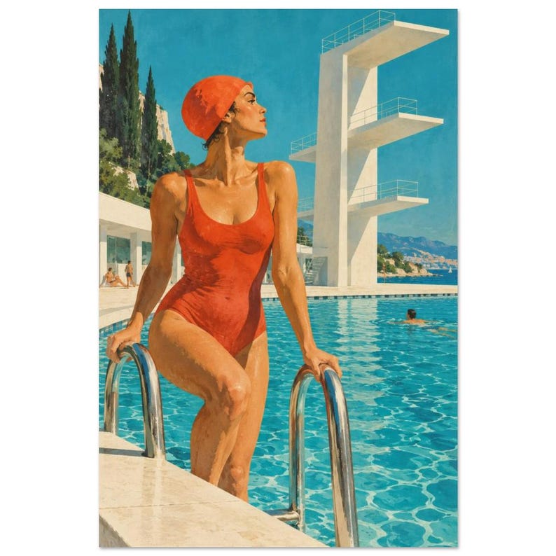 Morning at the Lido Art Print, Retro Swimming Pool Poster image 2
